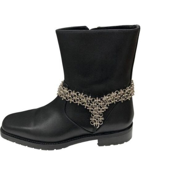 Manolo Blahnik Black Leather Ankle Boots With Silver Chain 7.5 - Picture 2 of 16